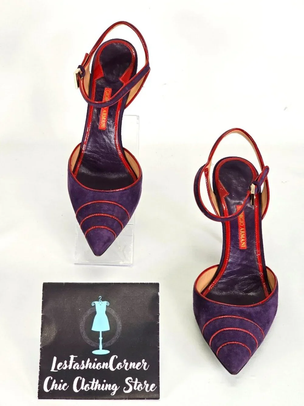 Giorgio Armani Women's Purple/Red Suede Stiletto Heels Ankle Strap Size 7 101 - Picture 3 of 16